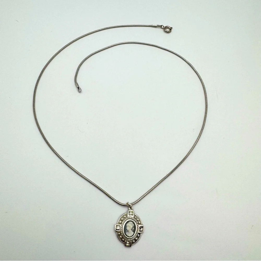 Sterling Silver Cameo Pendant Necklace with CZ Accents